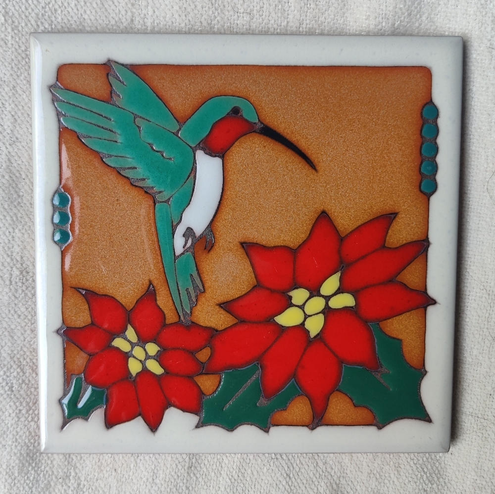 Hummingbird Poinsettia Ceramic Wall Art Tile Trivet Vintage Masterworks USA 6x6"